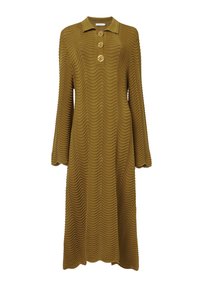 Robe olive verte à manches longues avec un col, trois grands boutons ronds et un motif en vagues sur l'ensemble. Longueur mi-mollet.