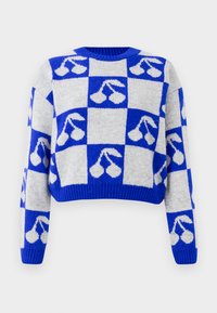 Blue and white checkered knit sweater with cherry motifs on each square, featuring long sleeves and a crew neckline.
