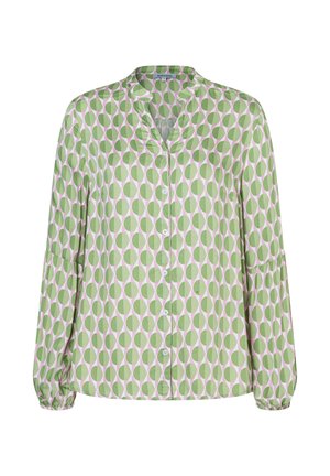 Grün- und rosa gemusterte Bluse mit durchgehender Knopfleiste, legerem Schnitt und langen Ärmeln mit gerafften Bündchen. Glattes Baumwollmaterial, mit Kragen.