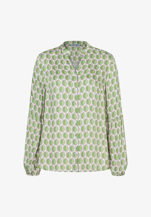 Groen en roze blouse met patroon, knoopsluiting aan de voorkant, losse pasvorm en lange mouwen met geplooide manchetten. Glad katoenen materiaal, kraag.