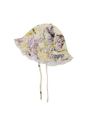 Cappello a secchiello floreale di colore giallo chiaro con illustrazioni di gattini. Presenta un bordo arricciato e lacci per una vestibilità sicura. Realizzato in tessuto morbido e traspirante.