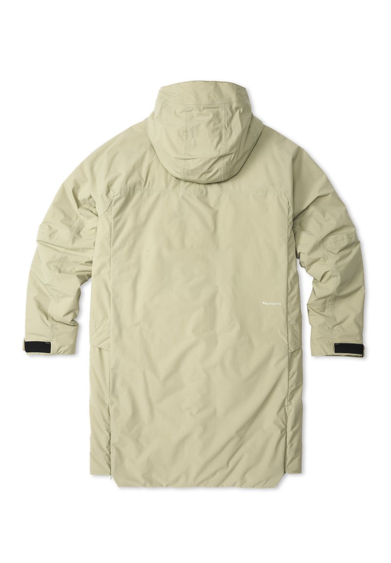 Hellbeige langer Mantel mit Kapuze, aus glattem Material; hat lange Ärmel, elastische Bündchen und eine zentrale Naht entlang des Rückens.