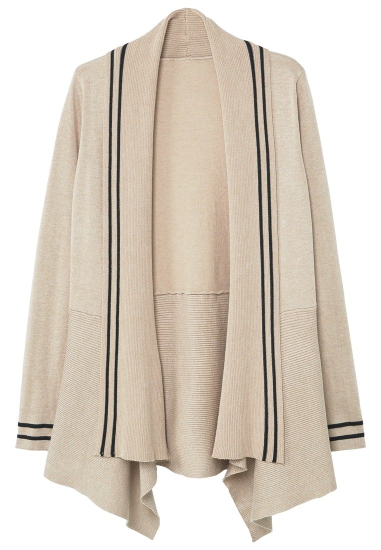Beige cardigan with an open front, featuring black striped accents, ribbed texture at the hem, and a relaxed draped silhouette.