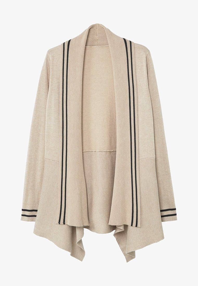 Beige cardigan with an open front, featuring black striped accents, ribbed texture at the hem, and a relaxed draped silhouette.