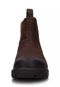 Stivale alla caviglia in pelle marrone con pannelli elastici laterali, suola in gomma nera e una linguetta a anello con un motivo sulla parte superiore.