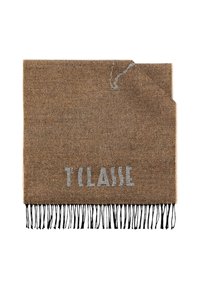 Coperta intrecciata marrone con frange nere, con la dicitura "T'CLASSE" in caratteri argentati lungo il fondo. Tessuto morbido, forma rettangolare.