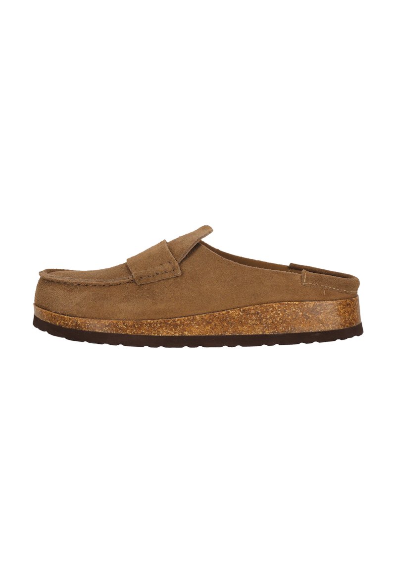 Braunes Wildleder-Slipper mit einer erhöhten Korkplattformsohle, runder Spitze und ohne sichtbare Hardware oder zusätzliche Akzente.