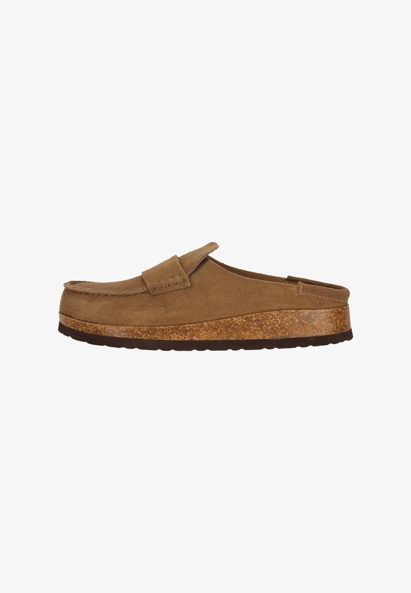 Braunes Wildleder-Slipper mit einer erhöhten Korkplattformsohle, runder Spitze und ohne sichtbare Hardware oder zusätzliche Akzente.