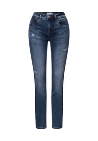 Tummansinisiä farkkuja, joissa on slim fit -malli, kevyttä kulutusta, tavalliset taskut, vyölenkit ja nappikiinnitys.