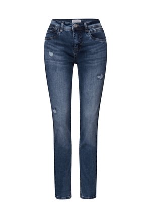 Dunkelblaue Stretch-Jeans mit schlanker Passform, versehen mit leichter Used-Optik, klassischen Taschen, Gürtelschlaufen und einem Knopfverschluss.