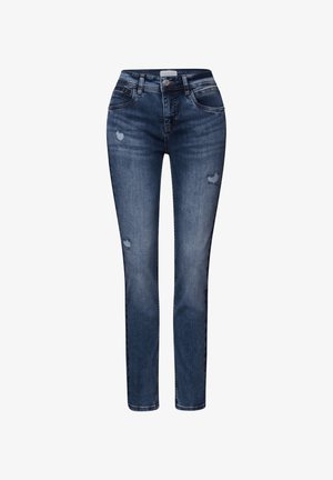 Donkerblauwe denim jeans met een slim fit, voorzien van lichte slijtage, standaardzakken, riemlussen en een knoopsluiting.