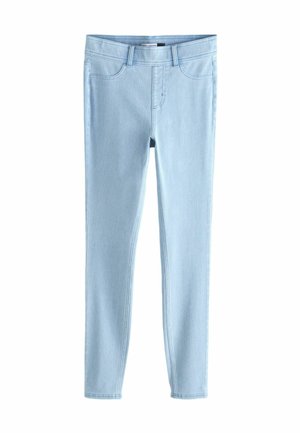 Světle modré džínové skinny džíny s pěti kapsami, poutky na opasek a hladkým povrchem, s viditelným prošíváním podél švů.