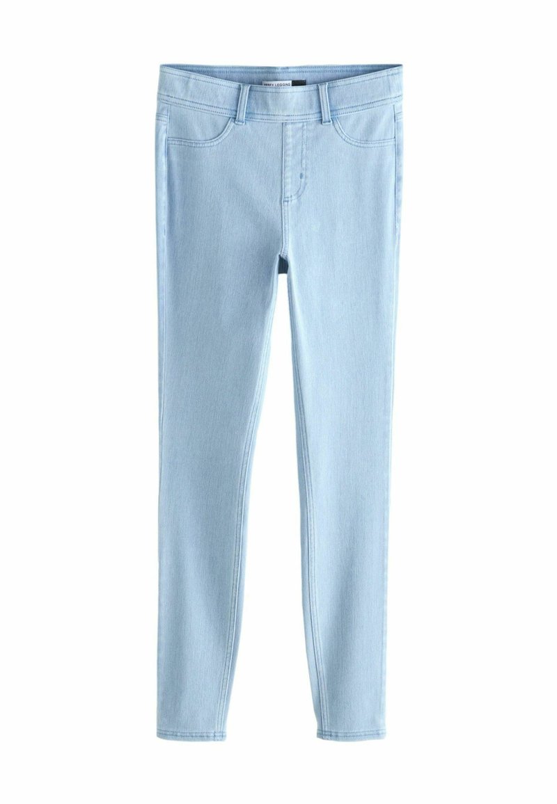 Světle modré džínové skinny džíny s pěti kapsami, poutky na opasek a hladkým povrchem, s viditelným prošíváním podél švů.