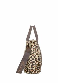 Borsa a tracolla con stampa leopardata su sfondo beige, dettagli marrone scuro, doppi manici e cinturino spallacciabile staccabile con logo.