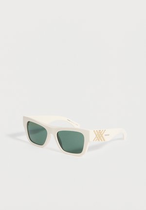 White rectangular sunglasses with dark green lenses and gold Burberry logo on the temples, shown against a plain background.