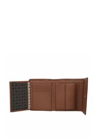 Portafoglio in pelle marrone con interni texture. Presenta diversi scomparti per carte, una tasca trasparente per l'ID e una chiusura a scatto.
