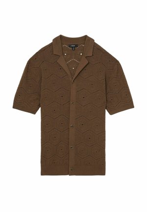 Brauner, gestrickter Cardigan mit kurzen Ärmeln und hexagonalem Lochmuster, mit einem Reverskragen und Knopfleiste.