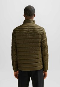 Chaqueta de plumas verde oliva con diseño acolchado, cuello alto y puños elásticos, con una textura suave y brillante. Se muestra la vista trasera.