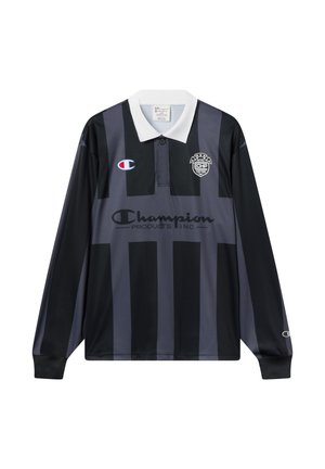 Polo à manches longues noir et gris foncé rayé avec col blanc, logo Champion et badge NYC CHP sur la poitrine.