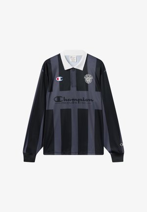 Zwart en donkergrijs gestreepte polo-shirt met lange mouwen, witte kraag, Champion-logo en NYC CHP-badge op de borst.