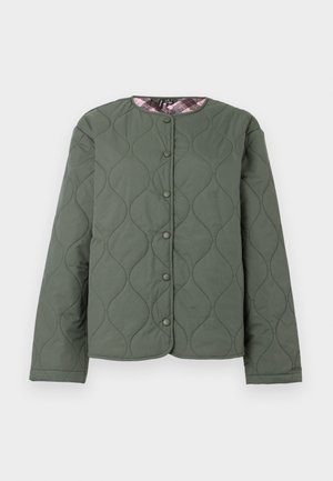 Olive green quilted jacket with round neck, long sleeves, snap button closure, and pink plaid lining visible at collar.