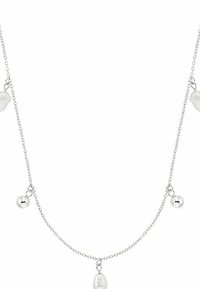 Collana in argento con perle bianche e pallini d'argento, con un'alternanza di elementi e collegamenti delicati per un aspetto raffinato.