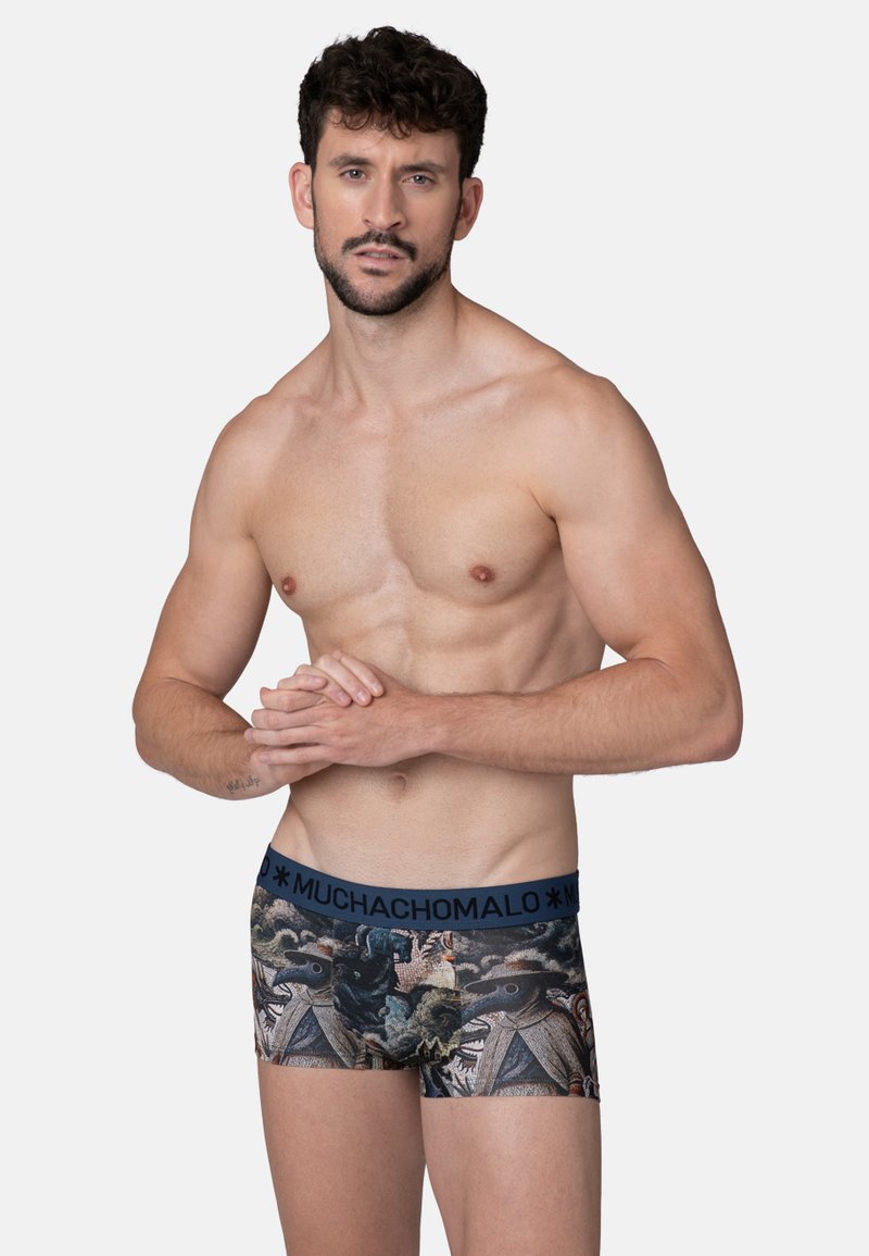 Meeste bokserid värvikirevas trükitud kangas, millel on keerukad mustrid. Elastne vöökoht, millel on brändinimi "MUCHACHOMALO".