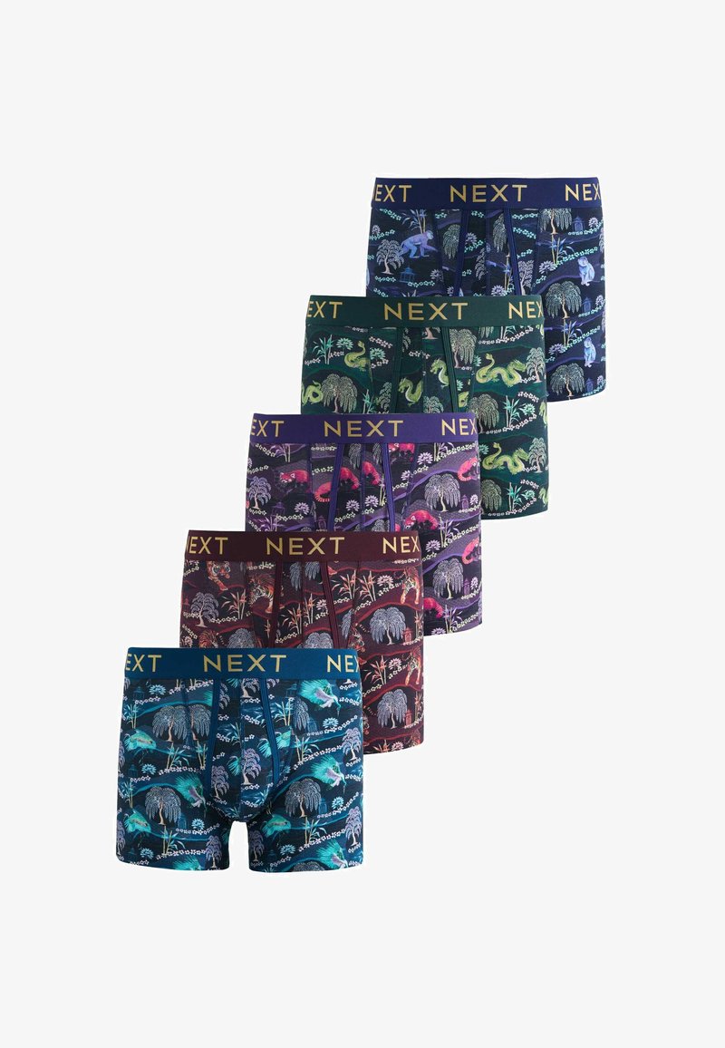 Cinq paires de boxers colorés pour hommes avec des motifs d’animaux et de nature, chacun avec une couleur de ceinture distincte et le logo "NEXT".