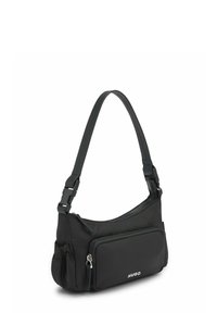 Borsa a spalla nera realizzata in nylon con una texture liscia, dotata di una tasca frontale con zip e tracolla regolabile. Logo del brand visibile.