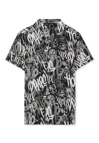 Camicia a maniche corte con sfondo nero e motivi in stile graffiti bianchi e grigi. Tessuto leggero con un design del colletto rilassato.
