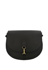 Borsa a sella in pelle nera con patta curva, chiusura con accessori dorati e cuciture a contrasto. Texture liscia, design compatto.