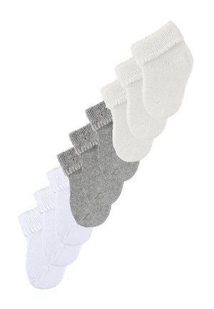 Five pairs of crew socks in white, light gray, and dark gray. Ribbed cuffs and textured surfaces. Cotton blend material.