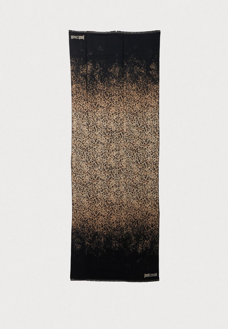 Toalla con estampado de leopardo que presenta un degradado desde un beige claro hasta el negro. Textura suave, logo en la parte inferior, forma rectangular.
