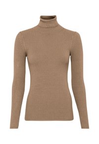 Ribbel turtleneck trui in tan kleur, met lange mouwen en een strakke pasvorm. Gemaakt van zachte, rekbare stof met een lichte textuur.