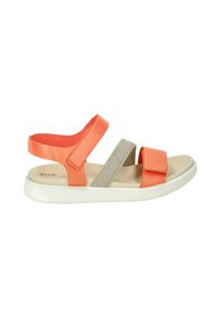 Coral leather sandals with two adjustable straps and a beige fabric band; supported by a white lightweight sole.