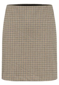 Falda de cuadros marrones y crema con textura suave, que presenta un corte recto y una cintura. El patrón consta de pequeños cuadrados.