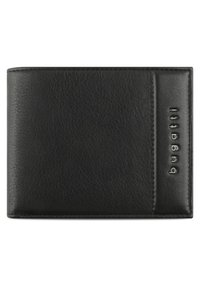 Portefeuille en cuir noir avec une finition texturée, présentant un design horizontal, des coutures discrètes et une marque "bugatti" en relief sur le côté.