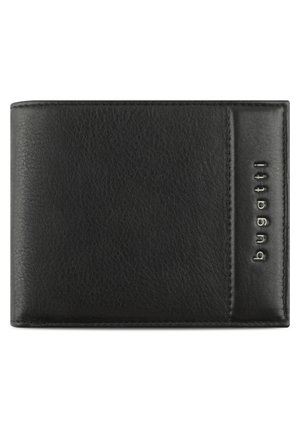 Portefeuille en cuir noir avec une finition texturée, présentant un design horizontal, des coutures discrètes et une marque "bugatti" en relief sur le côté.