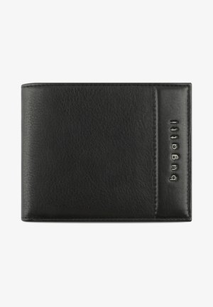 Portafoglio in pelle nera con finitura texture, caratterizzato da un design orizzontale, cuciture sottili e il logo in rilievo "bugatti" sul lato.