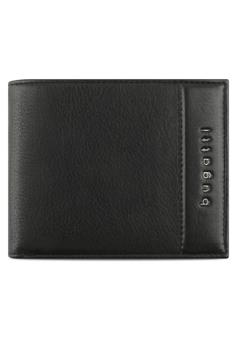 Portefeuille en cuir noir avec une finition texturée, présentant un design horizontal, des coutures discrètes et une marque "bugatti" en relief sur le côté.