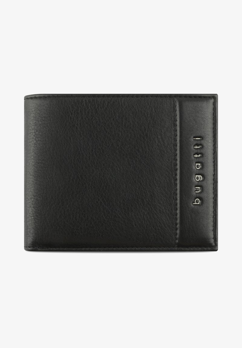 Portefeuille en cuir noir avec une finition texturée, présentant un design horizontal, des coutures discrètes et une marque "bugatti" en relief sur le côté.