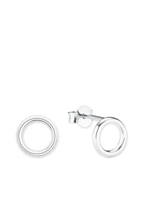 Silberne runde Steckerohrringe mit zwei konzentrischen Ringen. Das Design ist schlank mit einer polierten Oberfläche und einer sicheren Steckverschluss.