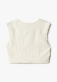Ärmelloses, cremefarbenes strukturiertes Bustier-Top mit rundem Ausschnitt, flach von hinten auf einem weißen Hintergrund gezeigt.