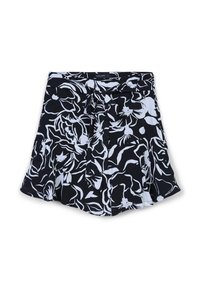 Jupe à motif floral noir et blanc avec un ourlet évasé et une ceinture à nouer à la taille.