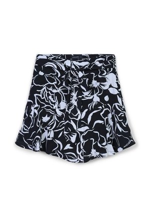 Gonna a fiori in bianco e nero con orlo svasato e cintura a nodo autolacciante in vita.