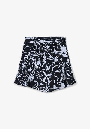 Schwarz-weißer Rock mit floralem Muster, ausgestelltem Saum und einem selbstgebundenen Gürtel in der Taille.