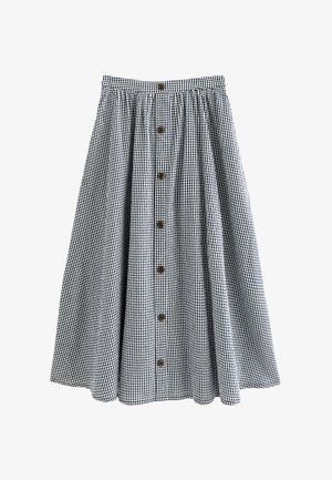 Jupe midi vichy noir et blanc avec une forme évasée et une fermeture à boutons sur le devant avec sept boutons marron.