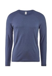 Langärmig shirt van donkerblauwe stof, met een ronde hals en raglanmouwen. Gladde textuur met subtiele stiksels.