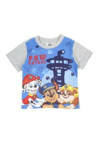 T-shirt à manches courtes avec un design bleu et gris, comprenant le texte "PAW PATROL", des chiens dessinés en cartoon et un graphique de tour. Matière en coton.