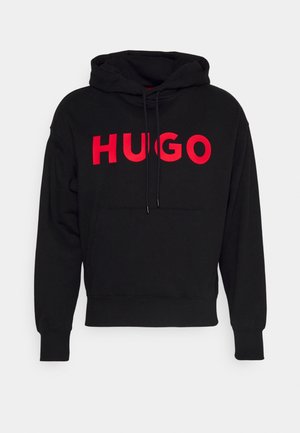 Felpa nera con cappuccio con logo rosso "HUGO" sul petto, tasca frontale e coulisse al cappuccio.